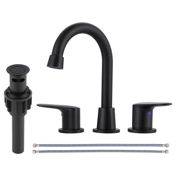 IVIGA 8 in. Widespread Double Handle Bathroom Faucet with Pop Up Drain in Matte Black