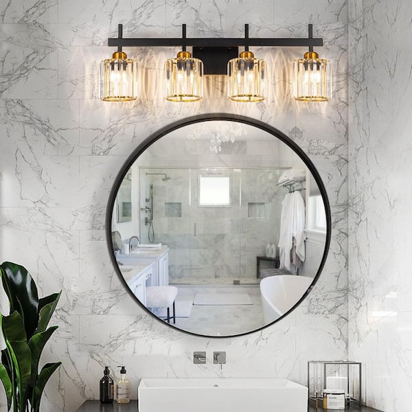 Orillia 4-Light 28 in. Crytal Black and Gold Bathroom Vanity Light Fixture