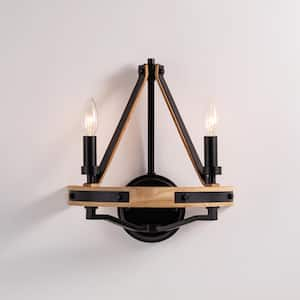 Savannah 13.5in W 2-Light Natural Brown & Matte Black Wall Sconce, Rustic Farmhouse Style Wall Lamp