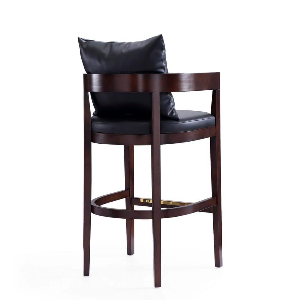 Elegant Black Faux Leather & Walnut Wood Barstool with Gold Accents