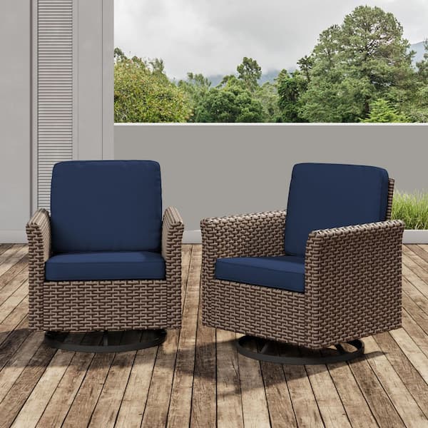INMITOM 2-Piece Wicker Outdoor Lounge Chair Set with Blue Cushions for Patio, Deck, or Backyard