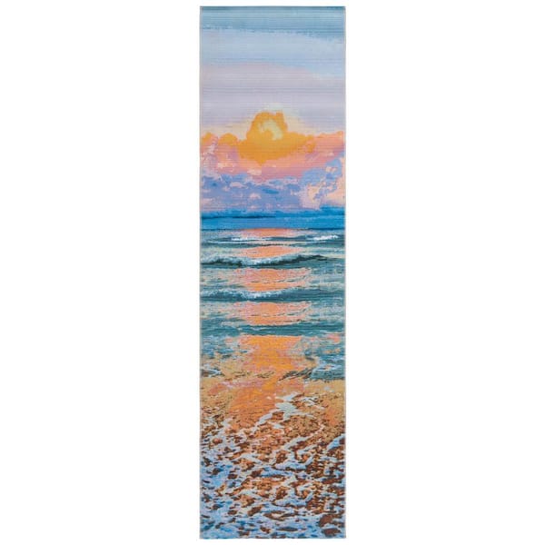 Barbados Gold/Blue 3 ft. x 10 ft. Runner Novelty Beach Indoor/Outdoor Area Rug