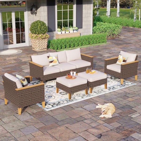 PHI VILLA Brown Wicker Rattan 7 Seat 7-Piece Steel Outdoor Patio Conversation Set with Beige Cushions and 2 Ottomans