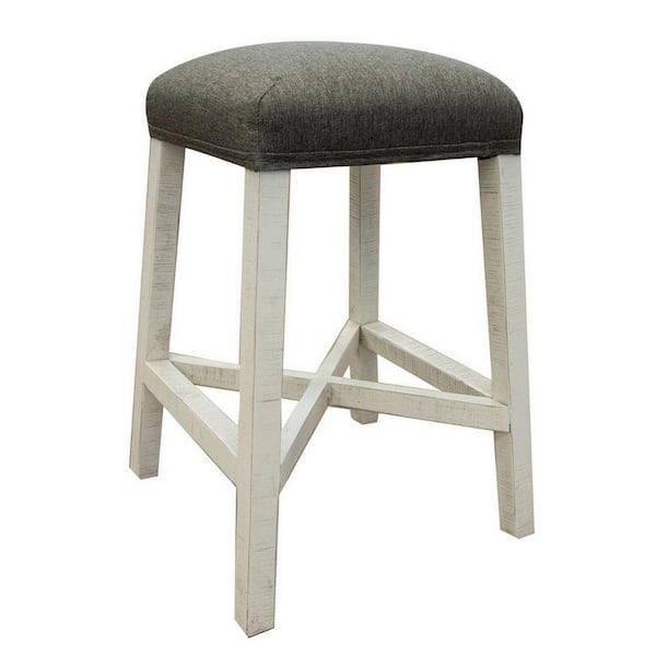 Benjara 19 in. Ivory and Gray Backless Wooden Frame Counter Stool with Fabric Seat