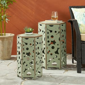 2 Pieces Outdoor Side Table, Patio Accent Table for Backyard Garden, Antique Green