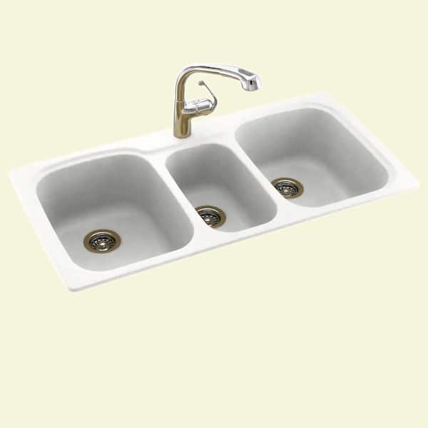 Swan Drop-In/Undermount Solid Surface 44 in. 1-Hole 40/20/40 Triple Bowl Kitchen Sink in Tahiti White