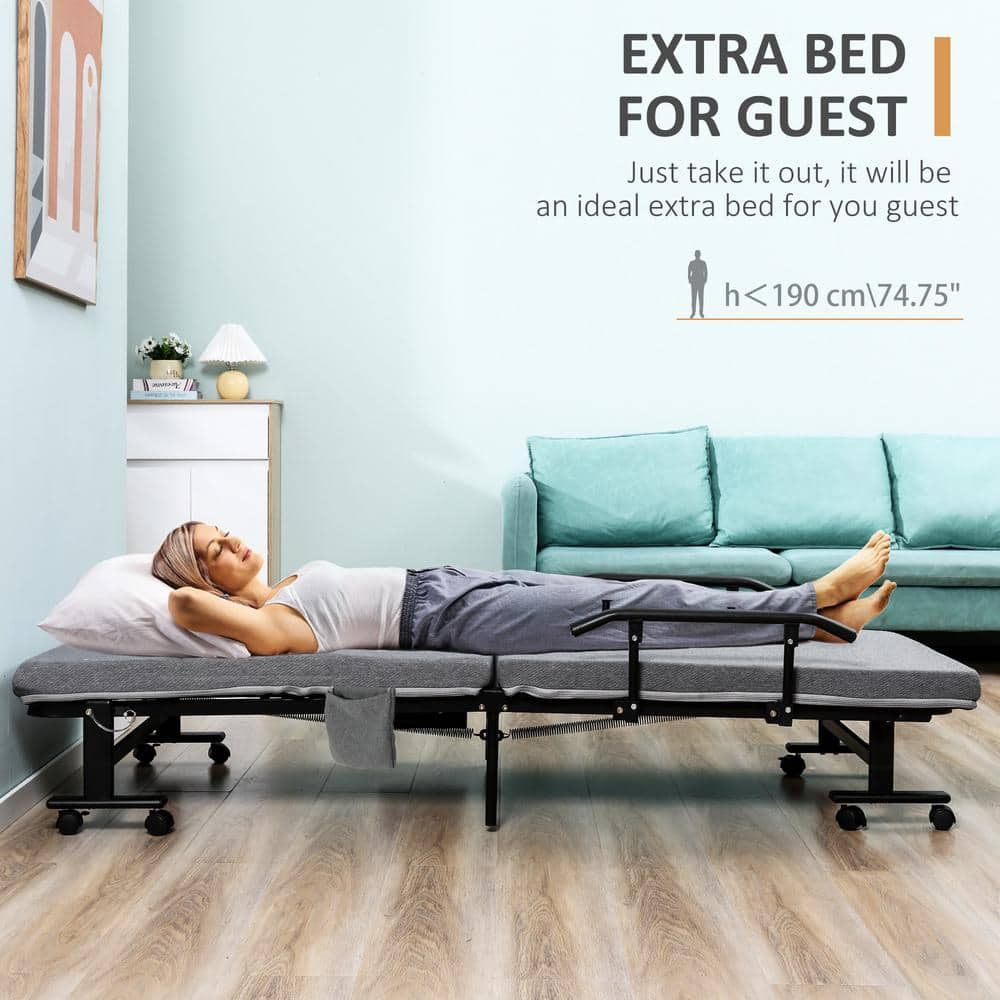 Dark Grey Metal Frame Rollaway Guest Bed with Upholstered Headboard