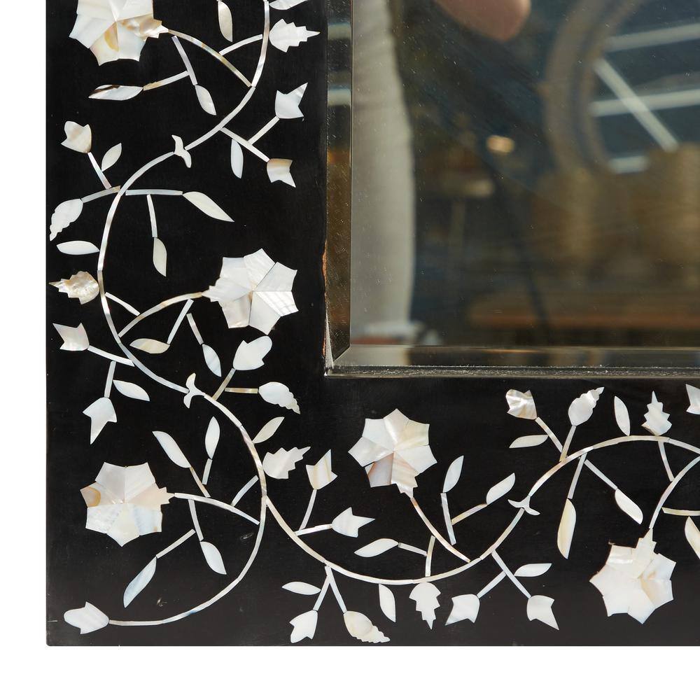 Rectangular Black Wood Wall Mirror with Floral Inlay
