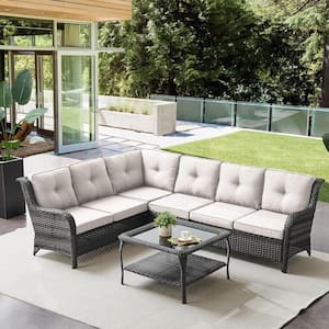 3-Piece Gray Wicker Outdoor Sectional Set with Olefin Beige Cushions and L-Shaped Sofa/Coffee Table