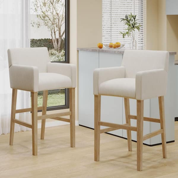 Deville 30.5 in. Beige and Weathered Natural Upholstered Barstool (Set of 2)