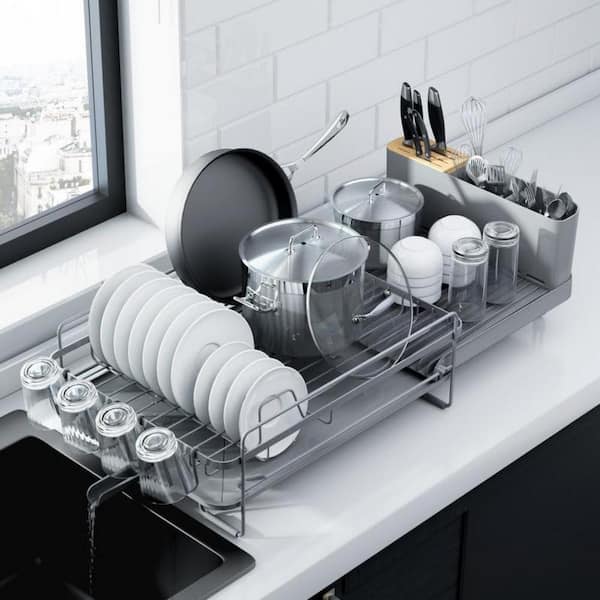 Numhew Gray 19.2 in.-26.7 in. L x 12.9 in. W Extendable Dish Rack, Anti-Rust Drying Dish Rack with Cutlery and Cup Holders