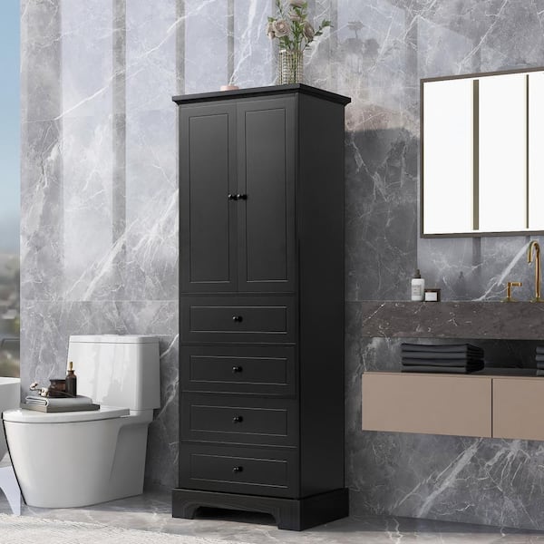 Modern Freestanding Bathroom Storage Cabinet with Wheel Pull-out Cabinet in  Black & Gold