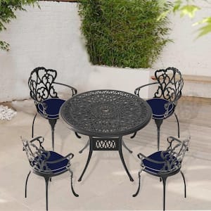 5-Piece Black Cast Aluminum Outdoor Dining Set, Patio Furniture with 35.43 in. Round Table and Random Color Cushions