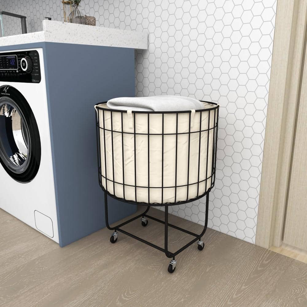 Black Metal Wire Basket Storage Cart with Wheels and Removable Fabric