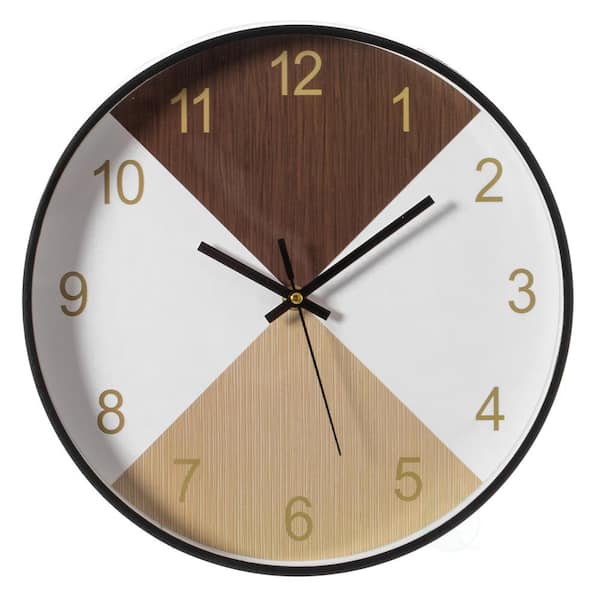 Quickway Imports Brown and Beige Decorative Modern Round Wood- Looking Plastic Wall Clock for Living Room, Kitchen, or Dining Room