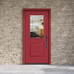 Performance Door System 36 in. x 80 in. 1/2 Lite Sequence Left-Hand Inswing Red Smooth Fiberglass Prehung Front Door