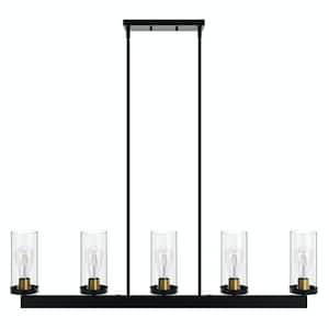 42.1 in. 5-Light Black Kitchen Island Linear Pendant Vintage Ceiling Hanging Lighting with Glass Shades
