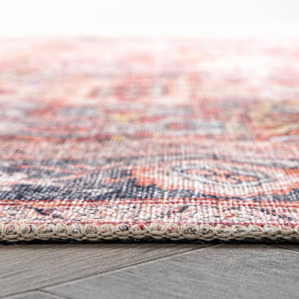 Amber Red 5 ft. x 7 ft. Vintage Bordered Machine Washable Non Slip Area Rug