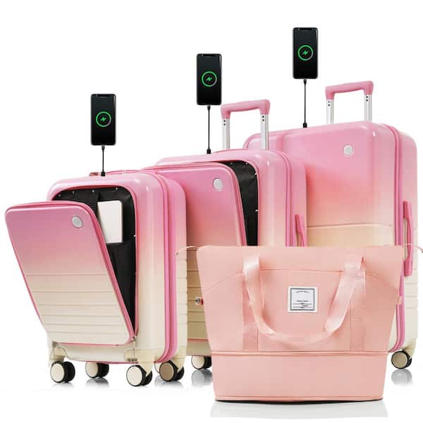 Merax Gradual 4-Piece Pink ABS+PC Hardshell Spinner Luggage Set with Expandable Travel Bag, USB Ports, Cup Holders, Hooks