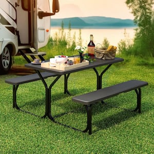 4.5 ft. Rectangular Outdoor Picnic Table Bench Set with 59 in. W Weatherproof Tabletop and Sturdy Steel Frame, Black