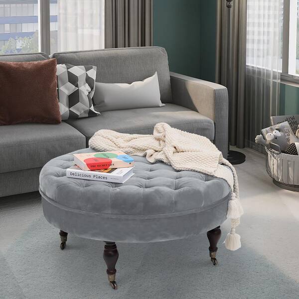 Maypex 33 in. Light Grey Velvet Fabric Upholstered Tufted Round Cocktail Ottoman with Casters