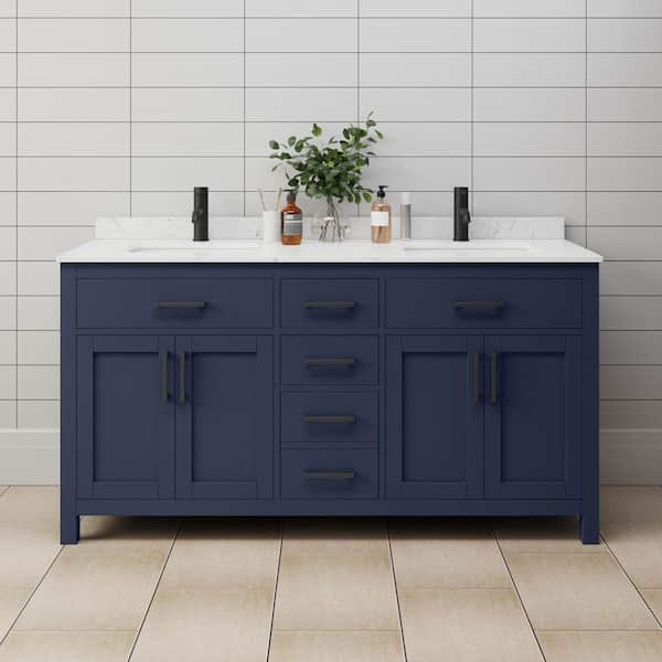 Wyndham Collection Beckett 66 in. W x 22 in. D x 35 in. H Double Sink Bathroom Vanity in Dark Blue with Carrara Cultured Marble Top