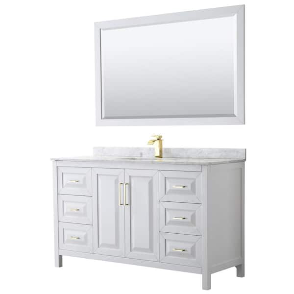 Wyndham Collection Daria 60 in. W x 22 in. D x 35.75 in. H Single Sink Bath Vanity in White with White Carrara Marble Top and 58" Mirror