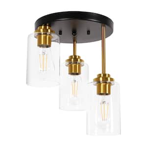 10.2 in. 3-Light Black Modern Semi-Flush Mount Ceiling Light with Gold Accent Socket and Clear Glass Shade for Hallway