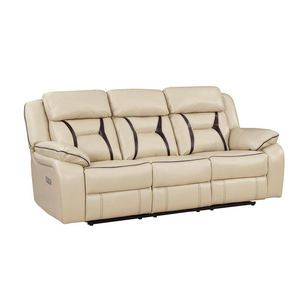 Beige Faux Leather Power Reclining Sofa with USB Ports