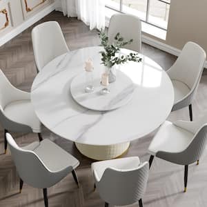 53.15 in. White Modern Round Sintered Stone Top Dining Table with Carbon Steel Base Seats 6