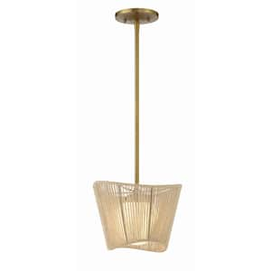 Key Largo 60-Watt 1-Light Soft Brass Shaded Pendant Light with Etched Opal Glass Natural Rope Shade No Bulbs Included