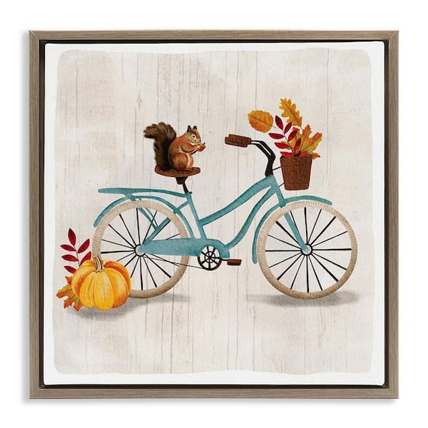 Squirrel on Autumnal Bicycle by Jackie Quigley Brown Floater Frame Graphic Animal Art Print 25 in. x 25 in.
