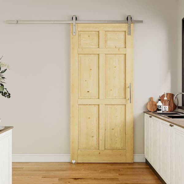 36 in. x 80 in. 6-Panel Solid Pine Wood Unfished No Assembly Required Sliding Barn Door with Hardware Kit Nickel Plated