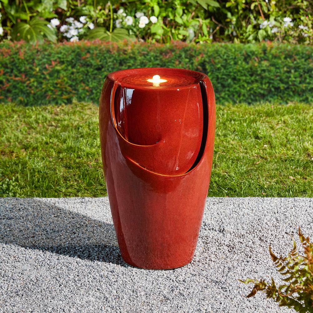 21.25" Red Ceramic Pot Fountain with LED Light