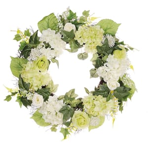 24 in. Artificial Hygrangea, Rose Floral Spring Wreath with Green Leaves