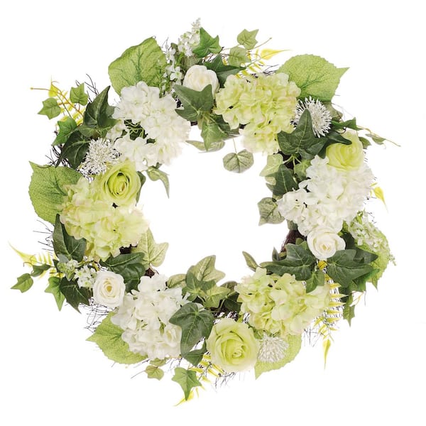 Puleo International 24 in. Artificial Hygrangea, Rose Floral Spring Wreath with Green Leaves