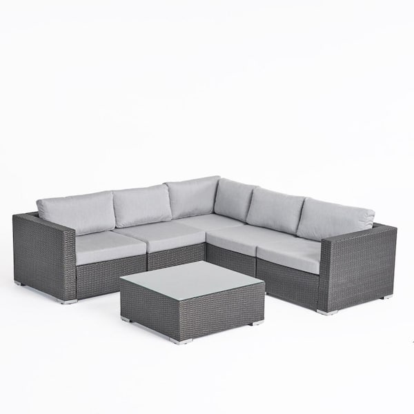 Noble House Santa Rosa Grey 6-Piece Faux Rattan Patio Conversation Sectional Seating Set with Sunbrella Canvas Granite Cushions
