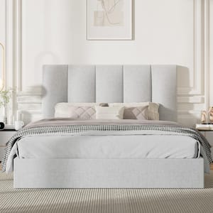 Light Grey Plywood Frame Queen Size Linen Upholstered Platform Bed with Lifting Storage