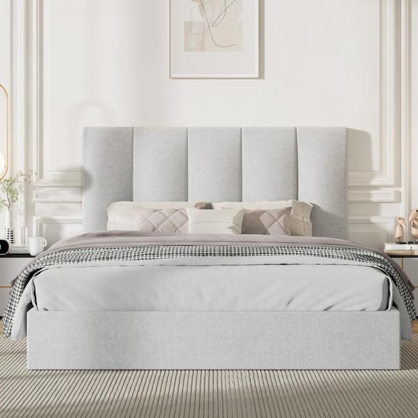 Ahokua Light Grey Plywood Frame Queen Size Linen Upholstered Platform Bed with Lifting Storage