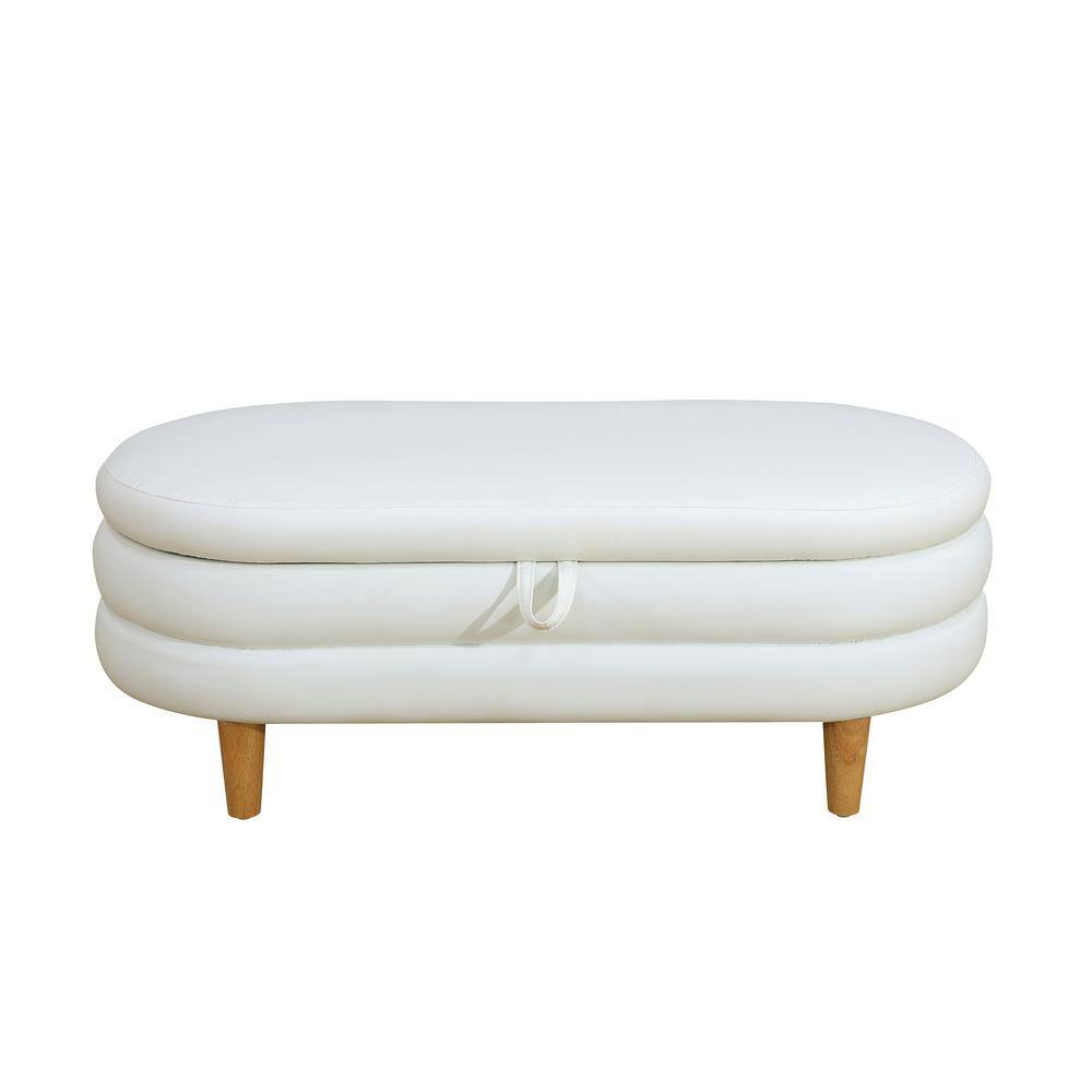 White Cotton Oval Ottoman with Storage