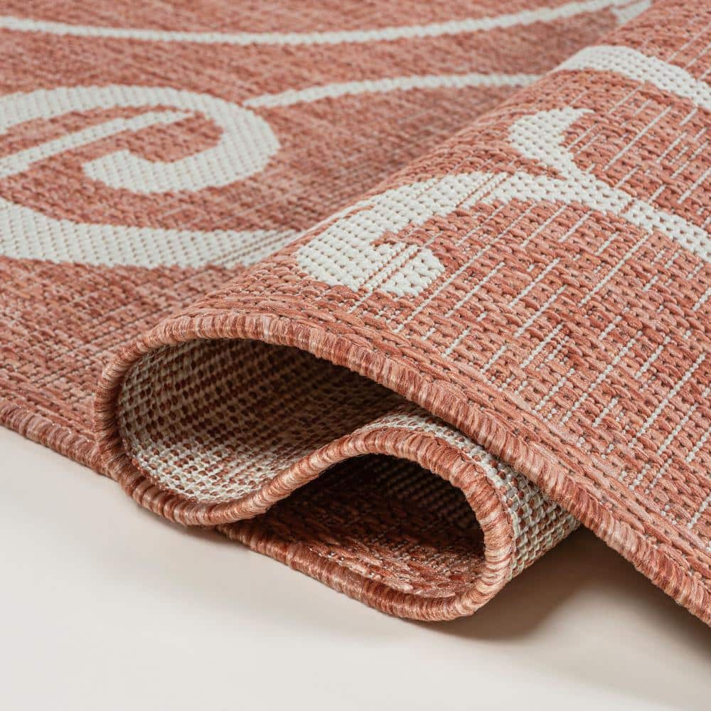Salmon and Cream Reversible Synthetic Scroll Area Rug 5x8