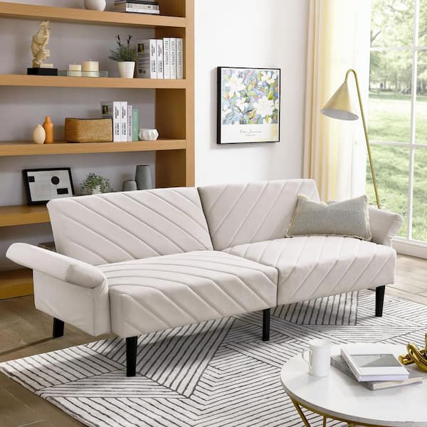 70 in. Adjustable Square Armrests Rectangle Sofa Velvet Futon Couch Convertible Folding Sofa Bed Tufted Couch in Beige