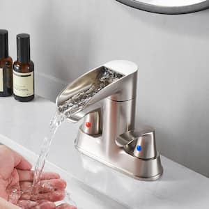 Waterfall 4 in. Centerset Double Handle 360-Degree rotation Bathroom Faucet with Drain kit Included in Brushed Nickel