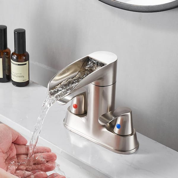 Waterfall 4 in. Centerset Double Handle 360-Degree rotation Bathroom Faucet with Drain kit Included in Brushed Nickel