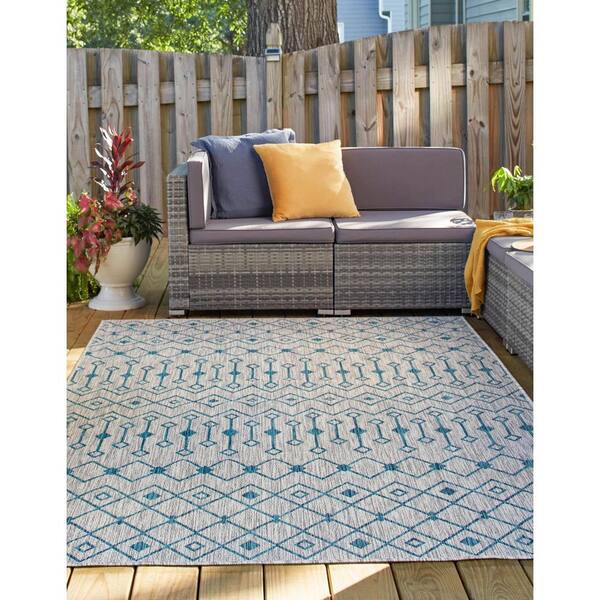 Unique Loom Trellis Outdoor 7 x 10 Teal/Gray Indoor/Outdoor