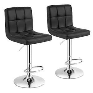 46 in. Black Low Back Metal Adjustable Height Bar Stool with Leather Seat (Set of 2)