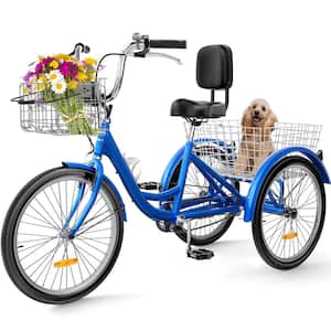 24 in. 1 Speed Tricycle, 3 Wheel Bikes with Removable Baskets, Cruiser Bike for Adults Shopping Outdoor Sports, Blue