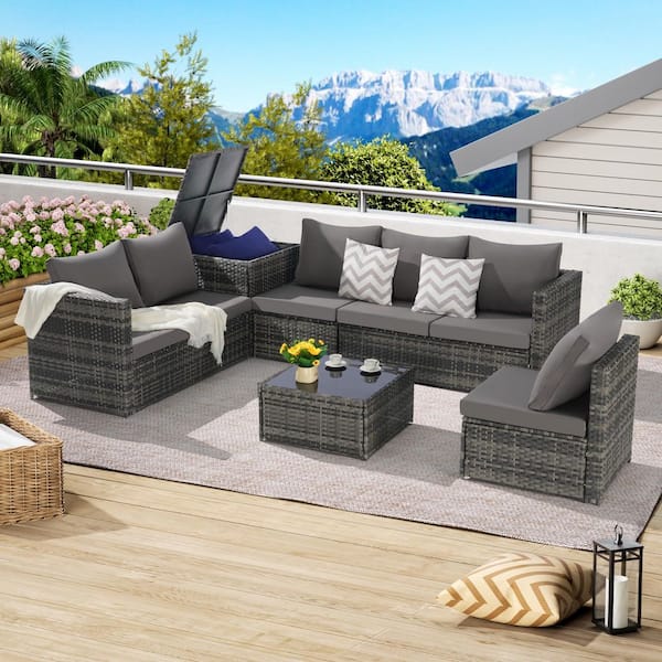 Unbranded 6-Piece Wicker Outdoor Sectional Set, Patio Conversation Set with Corner Table and Dark Gray Cushion for Backyard Deck