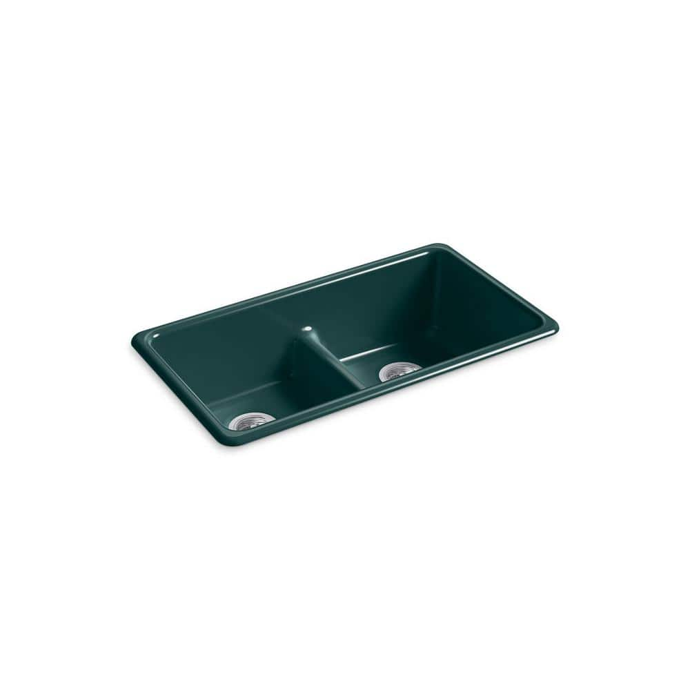 KOHLER Iron/Tones 33 in. Drop-In/Undermount Double Bowl Teal Cast Iron ...