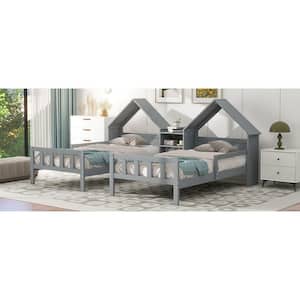 Gray Wood Frame Twin Size Platform Bed with House-Shaped Headboard and a Built-in Nightstand